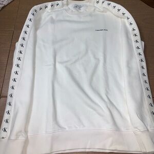 Calvin Klein Jeans White Crewneck Sweater with Sleeve Detail